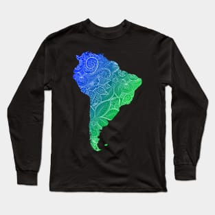 Colorful mandala art map of South America with text in blue and green Long Sleeve T-Shirt